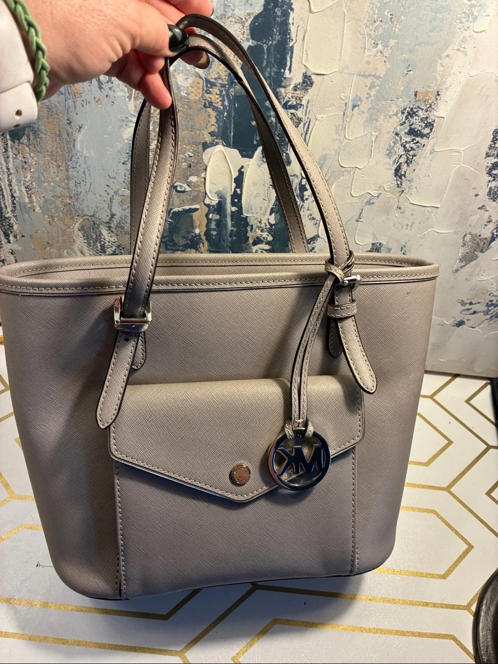 EUC Michael Kors Taupe Saffiano Leather Tote with MK Charm